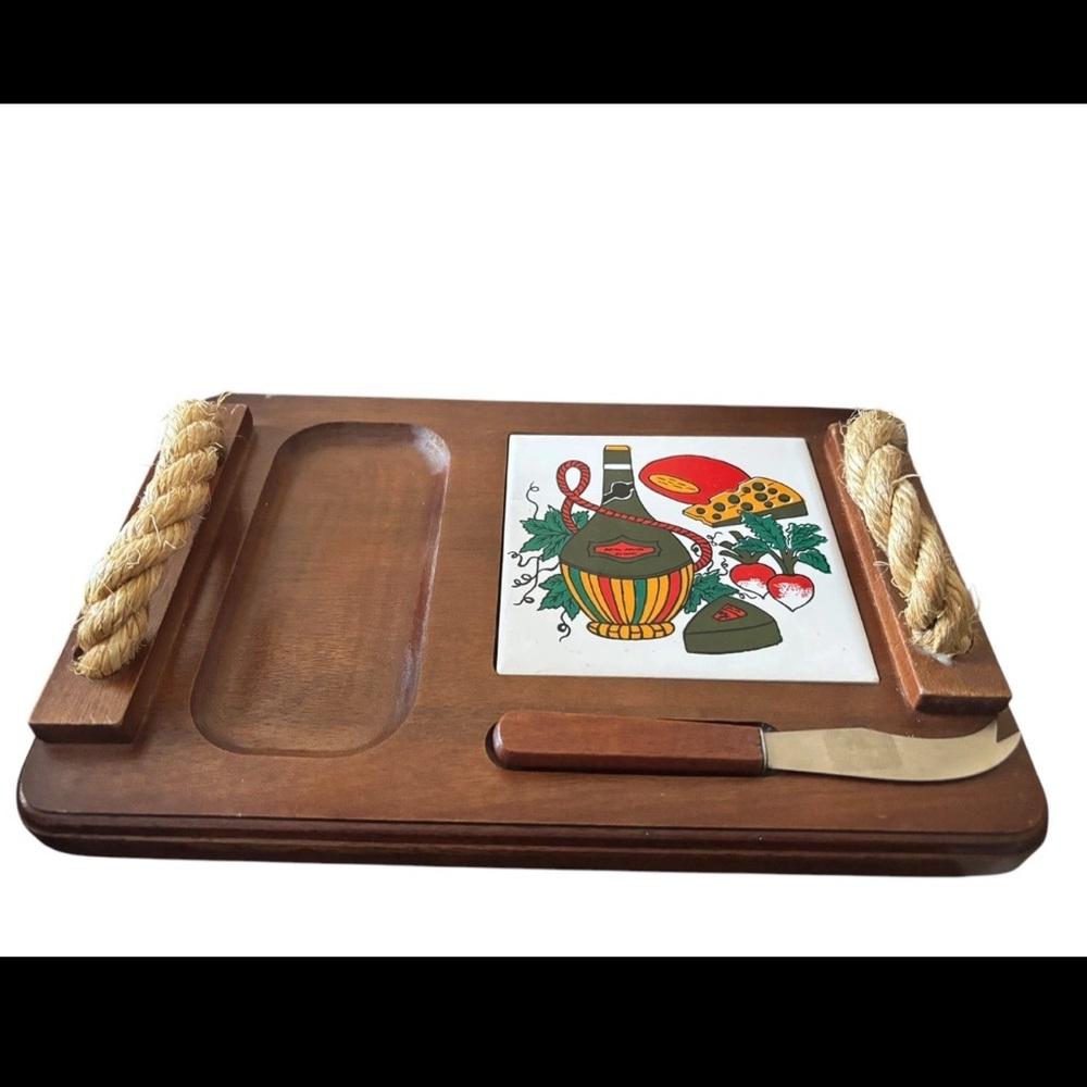 Vintage Mid-Century Modern Teakwood Ceramic Tile Handled Cheese Cutting Board - Picture 2 of 7
